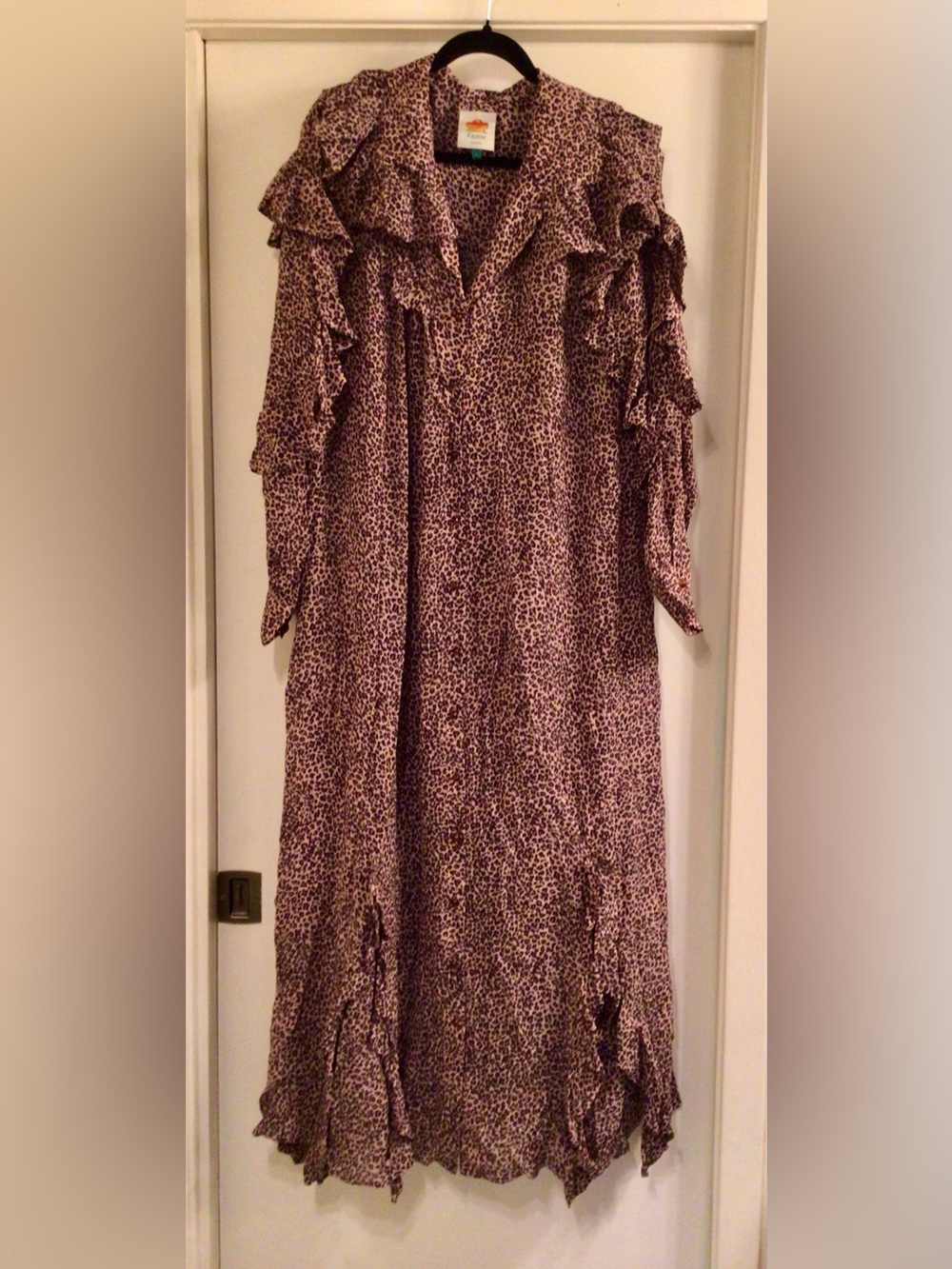 FARM RIO /Baby Leopard Long Ruffle Sleeve Maxi Shirt Dress - Sz. L - Picture 15 of 16